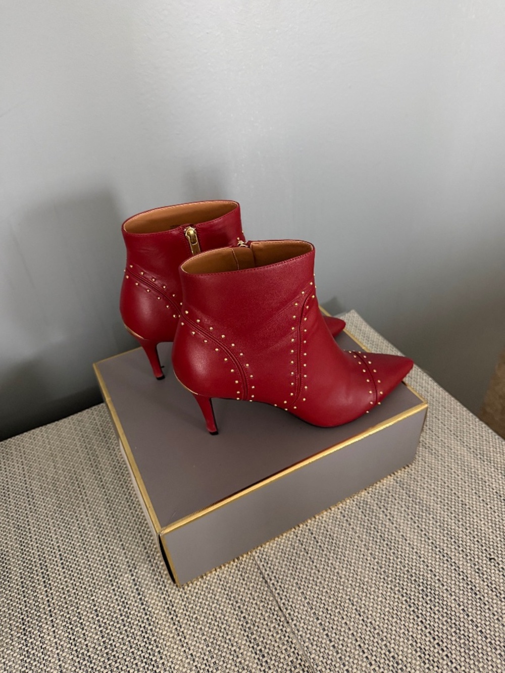 Sharp Red Bootie with Gold Studs